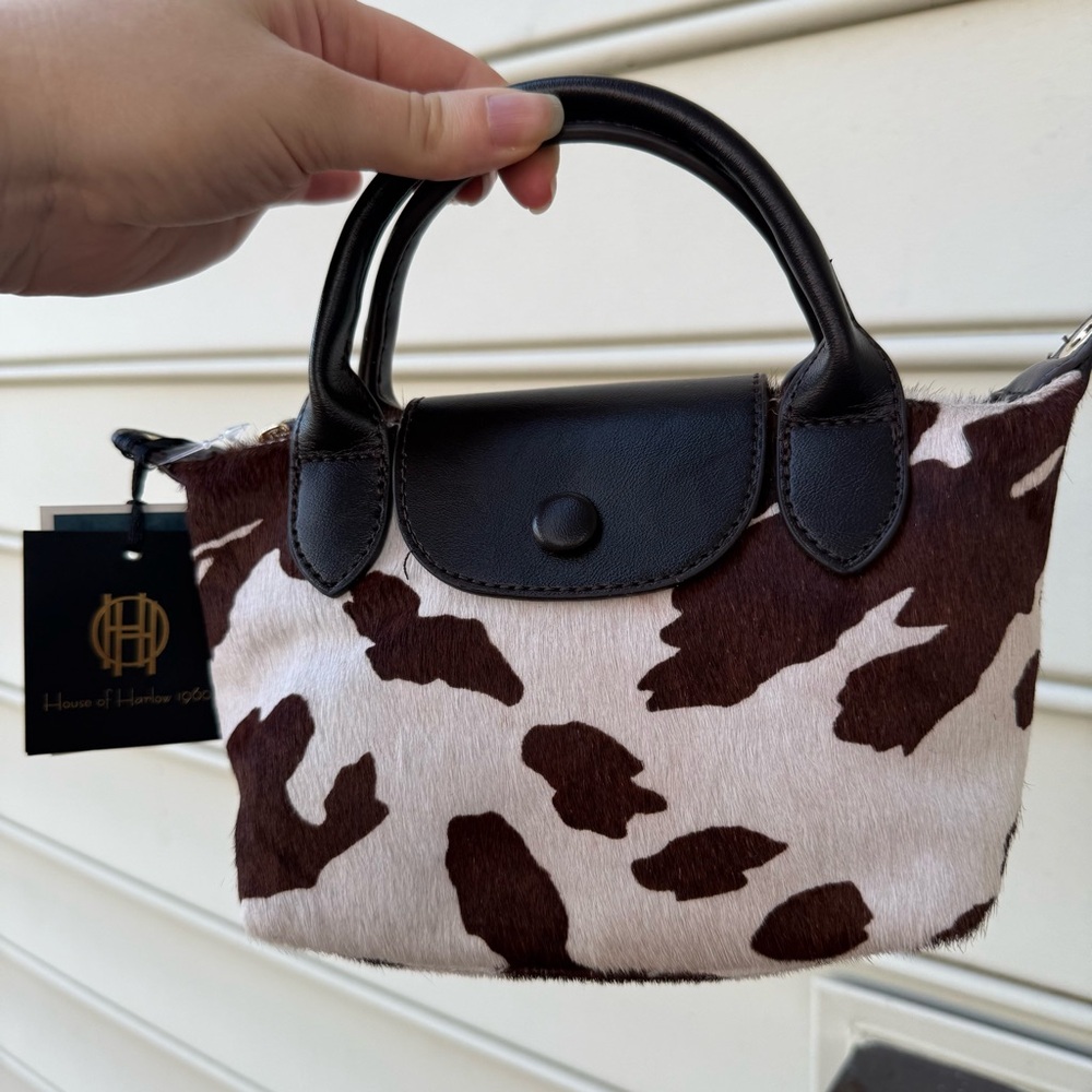 House of Harlow 1960 Cow Print Calf Hair Mini Bag NWT Brown